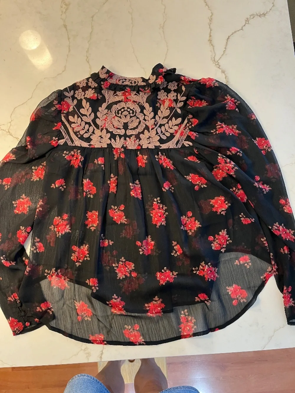Free People Sheer Black Boho Shirt with Embroidery